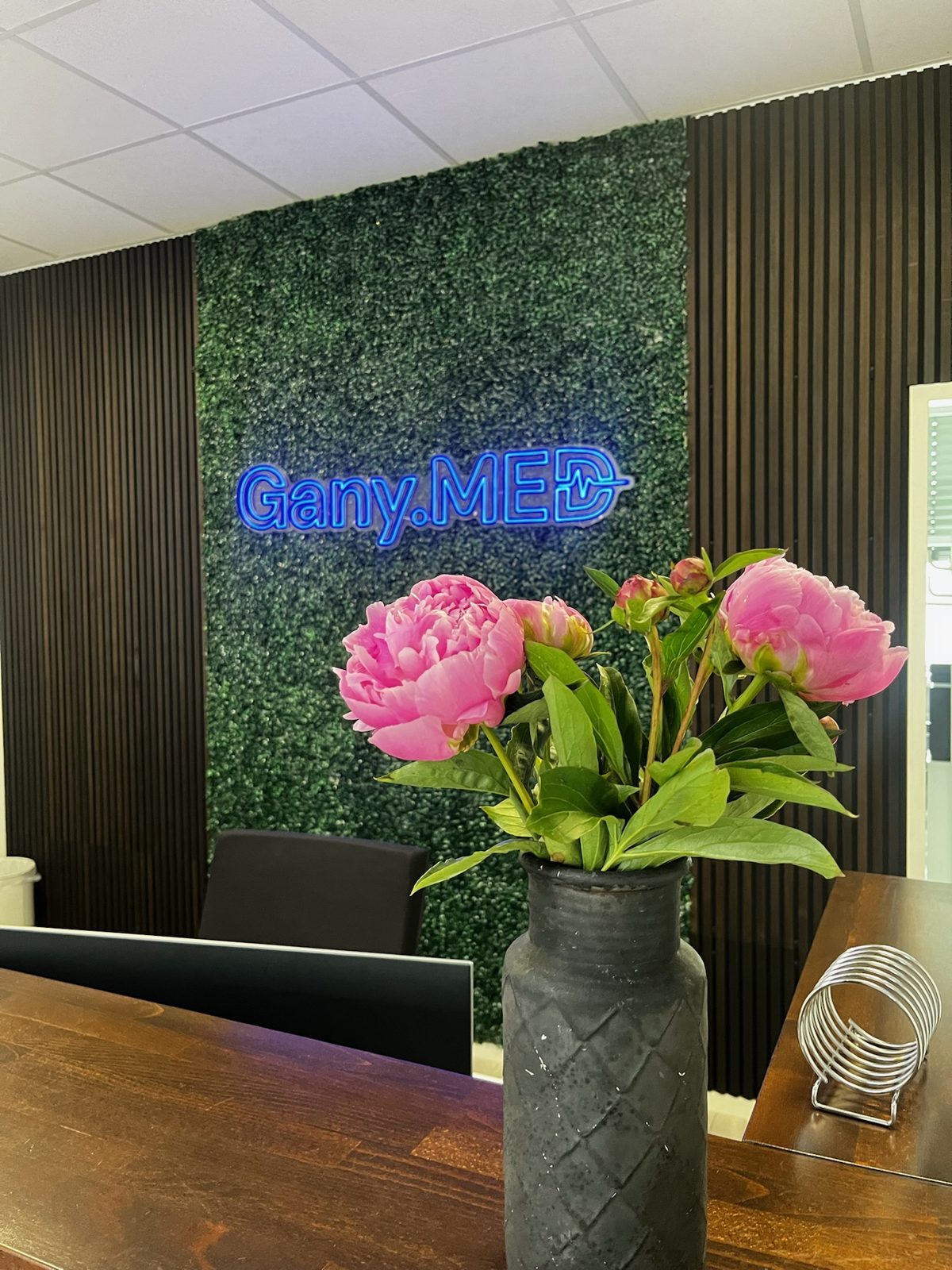 Empfang der Gany.MED Praxis in Dietzenbach mit leuchtendem Logo an der Pflanzenwand