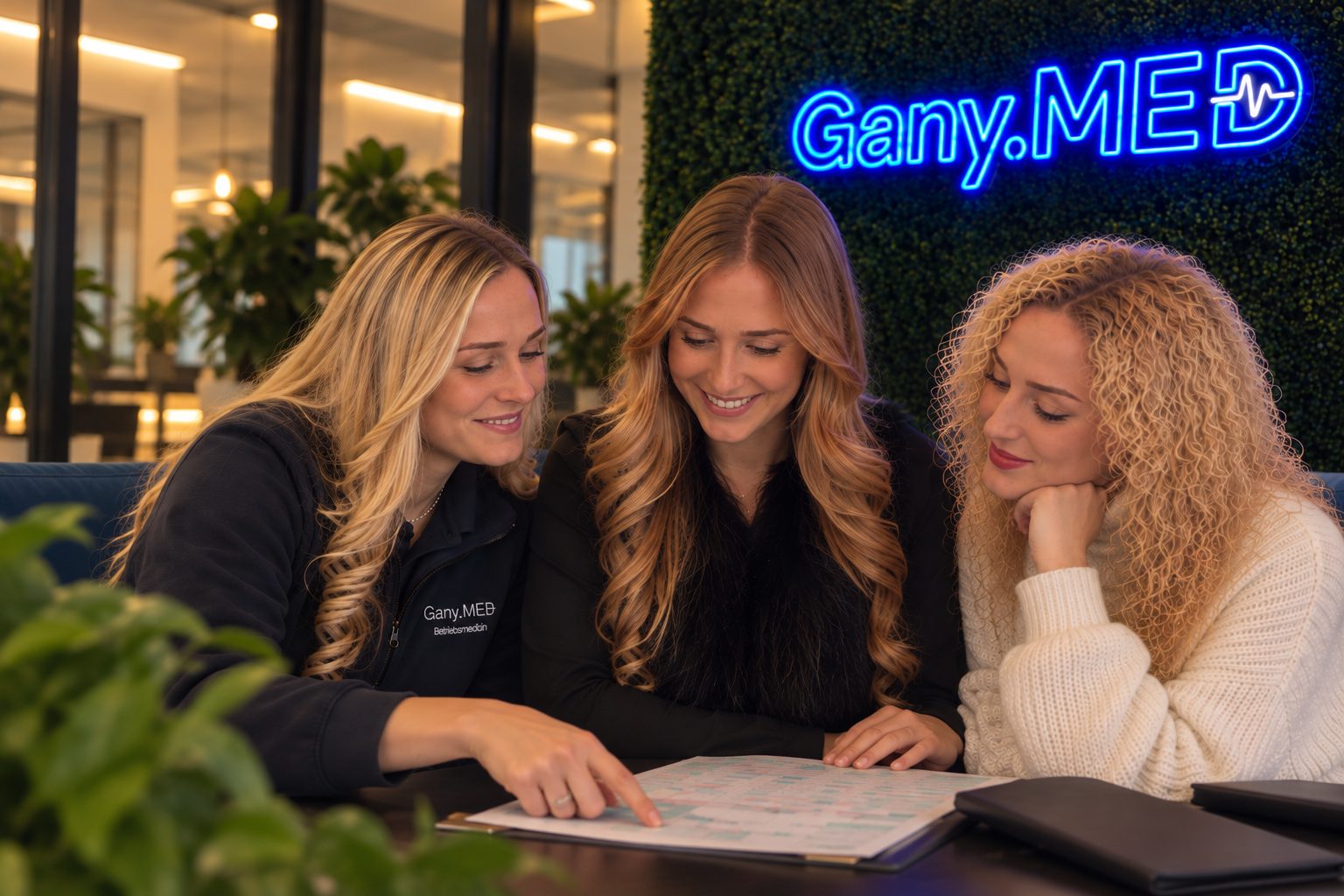 Larissa Karl, Leonie Frank und Valerie Karl schauen gemeinsam auf einen Plan, dahinter der leuchtende Gany.MED-Schriftzug